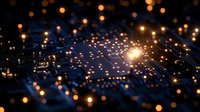 Glowing circuit board with golden light spots and bokeh effects creating futuristic technology landscape, digital network concept for business innovation.