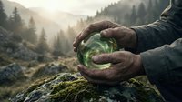 Hands protecting glowing green energy sphere in mountain wilderness at sunrise symbolizing environmental conservation and sustainable future.