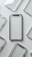 Modern smartphone with blank screen surrounded by identical devices on white background, minimalist composition for technology and mobile app mockup designs.