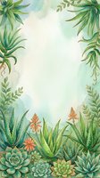 Watercolor tropical frame with succulents, aloe plants and exotic flowers creating natural border on soft green background for botanical designs.