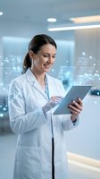 Female scientist in white lab coat using digital tablet with futuristic holographic data visualization in modern laboratory for medical research and innovation.
