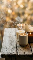 Lit scented candles with flowing smoke on rustic wooden surface against warm bokeh background, creating relaxing spa and wellness ambiance for home decor and meditation.