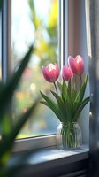 Pink tulips in glass vase on window sill with soft natural daylight and bokeh background. Peaceful spring home interior with gray curtain and sunlit flowers.