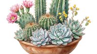 Watercolor succulent garden arrangement in terracotta bowl with blooming cactus and desert plants isolated on white background for home decor designs.