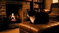 Black and white cat resting on brown leather ottoman near warm fireplace in cozy living room with bookshelves creating peaceful domestic atmosphere.