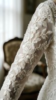Elegant white lace wedding dress sleeve with intricate floral embroidery and rose patterns on sheer fabric for bridal fashion and romantic ceremony attire.