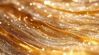 Shimmering golden waves with sparkling bokeh effect create luxurious abstract background. Flowing lines and glitter particles add magical festive atmosphere.