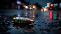 Single bullet cartridge lying on wet asphalt street at night with colorful city lights bokeh background creating dramatic urban crime scene atmosphere.