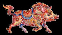 Ornate Chinese zodiac boar with vibrant folk art patterns, isolated on transparent background, ready for stickers, T-shirts, print on demand, and sublimation design use.
