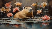 Capybara swimming among blooming water lilies in pond, surrounded by pink and peach lotus flowers floating on dark reflective water surface.
