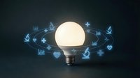 Glowing light bulb surrounded by floating digital icons representing innovation, technology, and business growth on dark background.