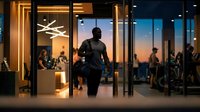 Professional businessman silhouette walking through modern office building entrance at sunset with glass doors and warm interior lighting.