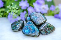 Polished chrysocolla stones with vibrant blue and green patterns displayed on white surface against blurred purple flowers background, showcasing natural mineral beauty.