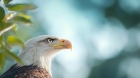Majestic bald eagle head in profile against soft turquoise bokeh background with green foliage, showing distinctive white feathers and curved yellow beak.