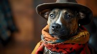 Stylish dog wearing cowboy hat and colorful bandana scarf, looking thoughtfully at camera with bright blue eyes against warm wooden background.