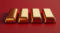 Shiny gold bars arranged in row on red background, metallic bullion ingots with reflective surface showing wealth and luxury investment concept.