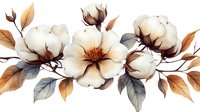 Cotton flowers and buds watercolor composition with brown autumn leaves and gray foliage on white background, floral border arrangement.