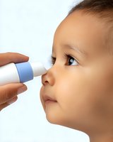 Asian toddler receiving nasal spray medicine treatment from adult hand against white background, close-up profile view showing medical care procedure.