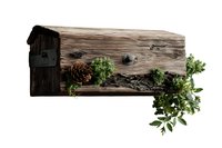 Rustic wooden mailbox with pine cone and green foliage decoration on isolated white background, ready for design projects and seasonal decor layouts.