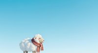 Fluffy white sheep wearing red striped scarf standing against clear blue sky, suitable for seasonal greeting cards, children's illustrations, and holiday marketing materials.
