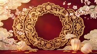 Ornate golden circular frame with intricate floral patterns on red background with cherry blossoms and lanterns for luxury design projects.