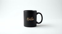 Matte black ceramic coffee mug with elegant gold script Hello lettering, isolated on white background, for product mockup and design use.