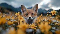 Red fox kit peeking through yellow wildflowers in mountain meadow, close up portrait with soft bokeh background and dramatic stormy sky.