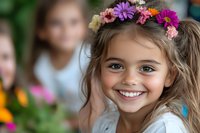 Young girl with bright smile wearing floral crown of pink and purple daisies against blurred background. Natural outdoor portrait capturing childhood joy and innocence.