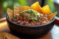 Fresh guacamole with chopped tomatoes, cilantro and tortilla chips served in traditional black bowl on wooden table, close up view of Mexican appetizer.