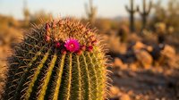 Blooming barrel cactus with bright pink flower in golden desert sunset light, showcasing natural southwestern landscape beauty and resilience.