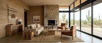 Modern desert home interior with stone fireplace, floor-to-ceiling windows, neutral furniture and southwestern landscape view for luxury living design.