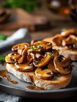 Sauteed mushrooms on toasted bread slice served on dark plate, gourmet appetizer with herbs and caramelized onions for culinary presentations.