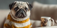 Adorable pug dog wearing cozy yellow striped sweater sitting indoors with matching mug, perfect for pet fashion and lifestyle content.