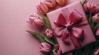 Pink gift box with satin bow surrounded by fresh tulips on soft pink background for Mother's Day, Valentine's Day, birthday celebrations and special occasions.