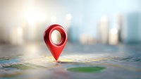 Red location pin marker on city map with blurred urban skyline background, concept for GPS navigation, travel destination, and location-based services.