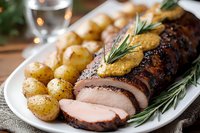 Sliced roasted pork tenderloin with fresh rosemary and baby potatoes on white plate, selective focus on juicy meat with herbs and seasonings.