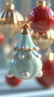 Elegant mint green Christmas tree ornament with gold star topper and pearl accents hanging among traditional red and gold baubles with soft bokeh background.