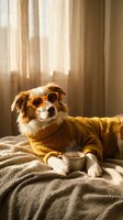 Stylish dog wearing sunglasses and yellow sweater relaxing on cozy bed with coffee cup in warm sunlit bedroom interior for lifestyle content.