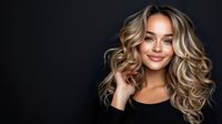 Young woman with blonde balayage wavy hair and natural makeup smiling against dark background. Professional hairstyle and beauty portrait showcasing modern hair coloring technique.