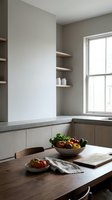 Modern minimalist kitchen interior with wooden dining table, fresh vegetables in bowl, floating shelves and natural window light for home design.