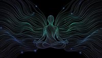 Meditation silhouette with flowing energy waves in lotus pose. Spiritual wellness concept with dynamic light trails for mindfulness and yoga designs.