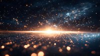 Glowing horizon with light particles and stars reflecting on metallic surface creates futuristic cosmic landscape with dramatic perspective and bokeh effect.