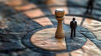 Business strategy concept with businessman figure standing near chess rook piece on circular pattern background, selective focus creates dramatic atmosphere.
