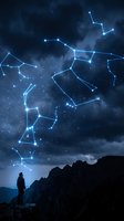 Lone hiker silhouette gazing at glowing constellation patterns in dramatic night sky above mountain peaks for astronomy and adventure themes.