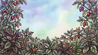 Chili pepper plants with red fruits and green foliage frame a soft watercolor sky, suitable for agricultural, gardening, and food-related design projects.