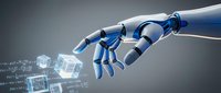 Futuristic robotic hand reaching toward holographic digital data cubes and binary code in modern technological environment for AI and automation concepts.