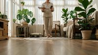 Young woman in beige linen outfit reading book in bright living room with houseplants and wooden floors. Indoor lifestyle and home comfort concept.