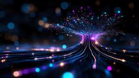 Glowing neon lines converge into explosive light burst with blue and purple particles creating futuristic technology pathway against dark background with bokeh effects.