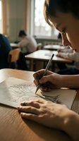 Young woman artist drawing botanical illustration with pencil in bright classroom setting with natural window light and other students working in background.