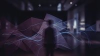 Silhouette of person standing in futuristic city environment with glowing digital network lines and data visualization overlays, representing technology, innovation, and digital transformation in urban setting.